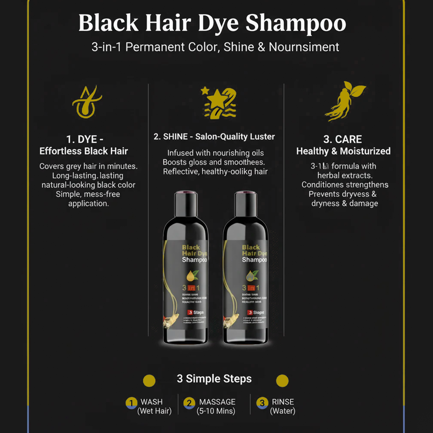 Instant Black Herbal Dye Shampoo 3-in-1 (100ml, Pack of 2)🧴